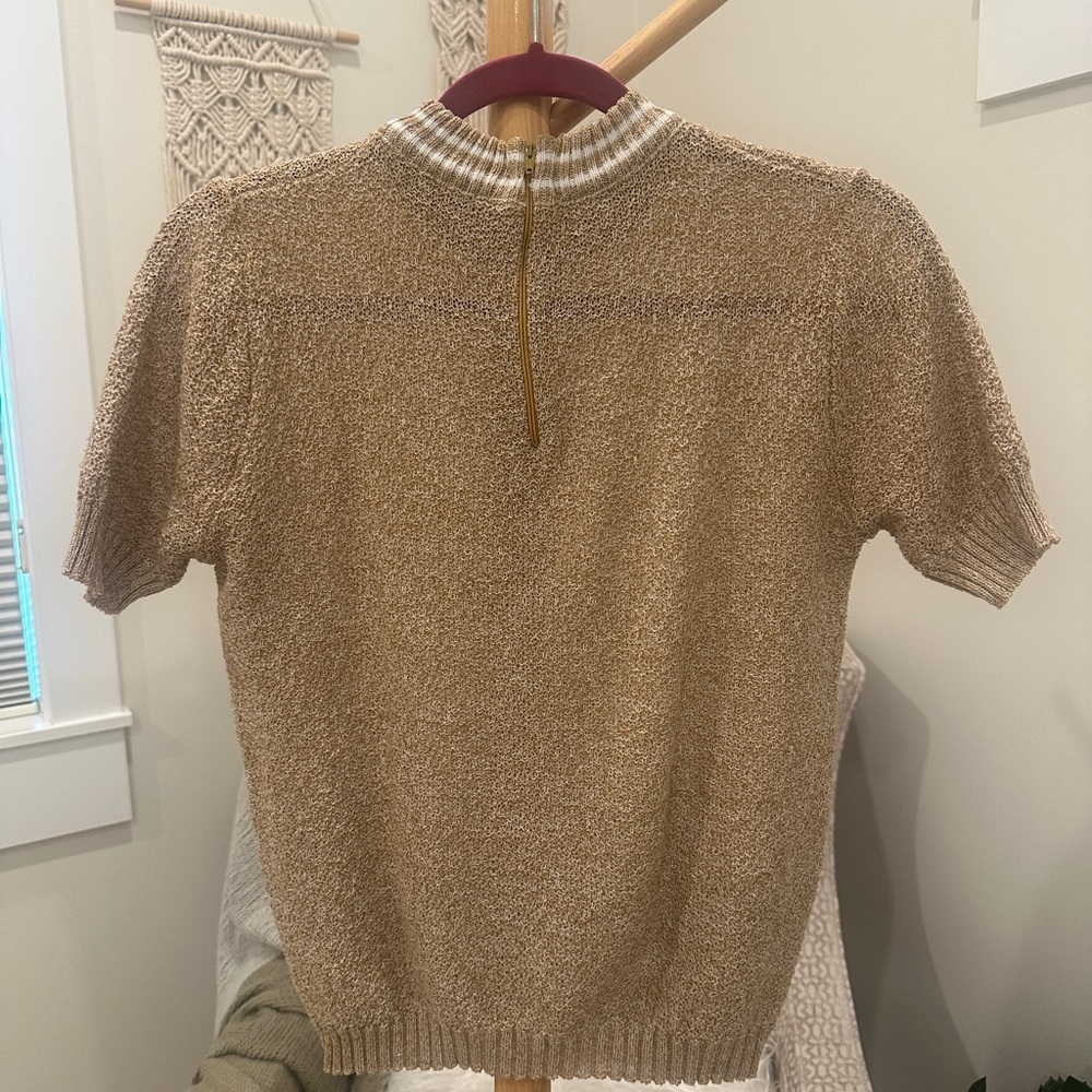 Vintage Tan Short Sleeve Knit Mock Neck Sweater Back Zip Women’s M - Picture 3 of 4